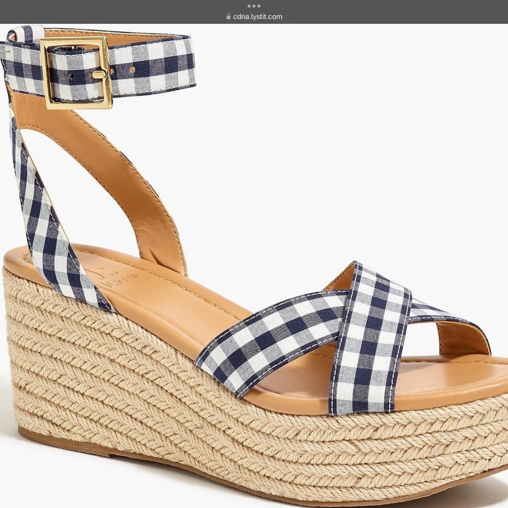 J Crew Factory Navy and White Gingham espadrille wedge ankle sandals, size 8.5